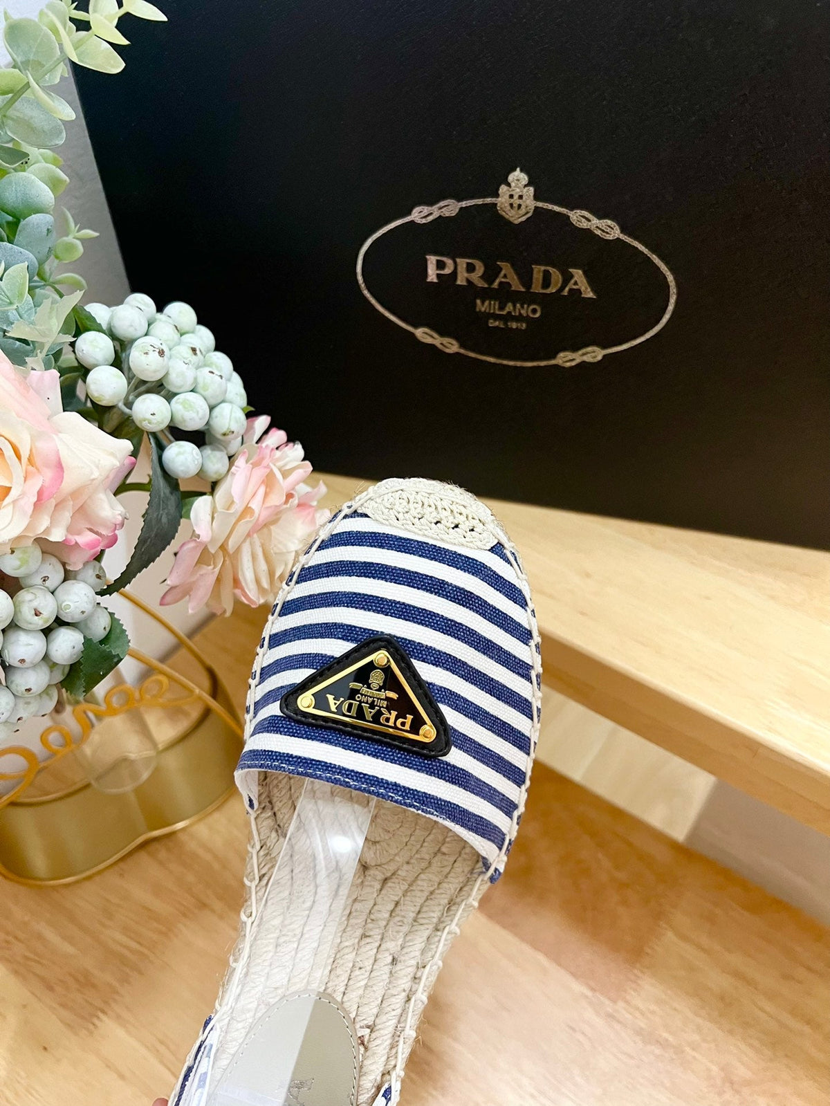 PRADA STRIPE ESPADRILLE WEDGE SANL NAVY FABRIC