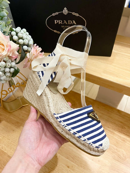 PRADA STRIPE ESPADRILLE WEDGE SANL NAVY FABRIC
