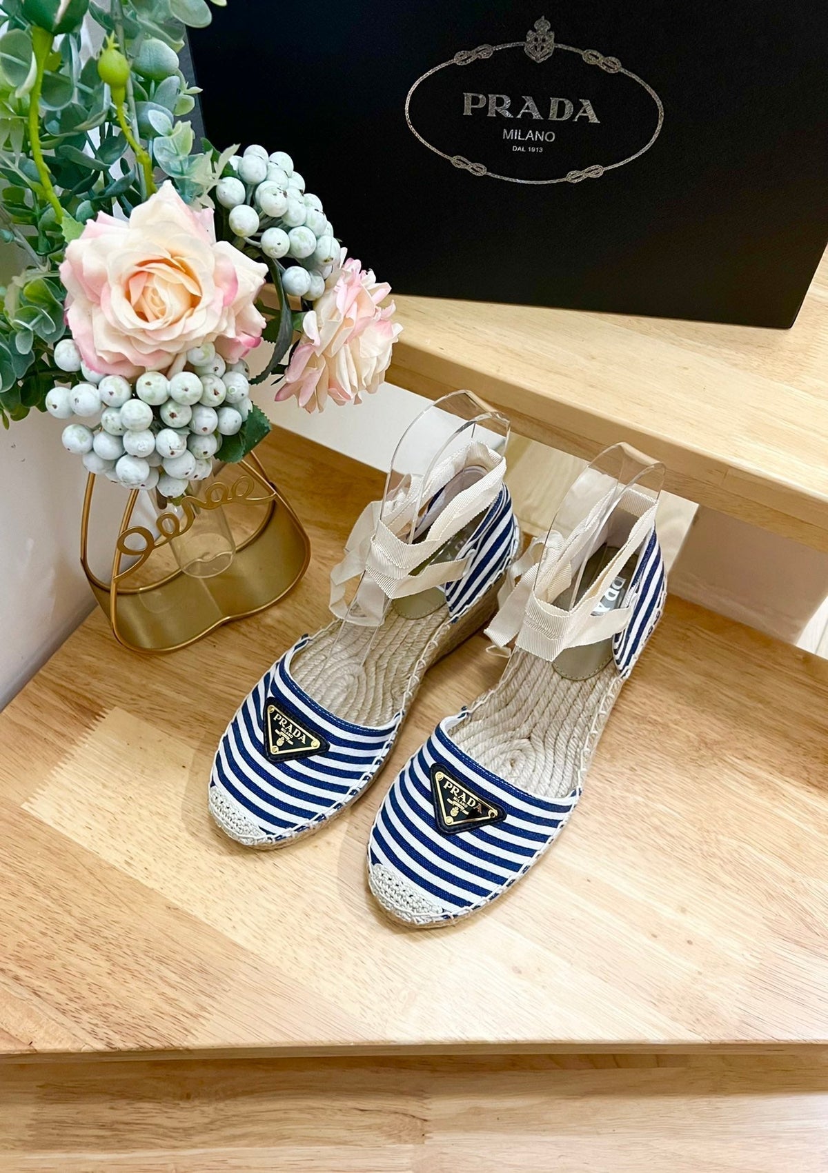 PRADA STRIPE ESPADRILLE WEDGE SANL NAVY FABRIC