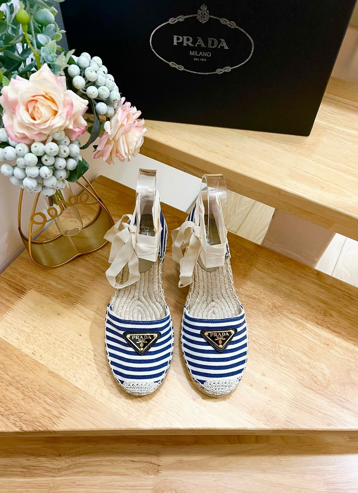 PRADA STRIPE ESPADRILLE WEDGE SANL NAVY FABRIC