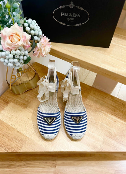 PRADA STRIPE ESPADRILLE WEDGE SANL NAVY FABRIC