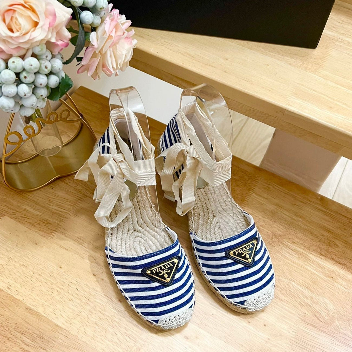 PRADA STRIPE ESPADRILLE WEDGE SANL NAVY FABRIC