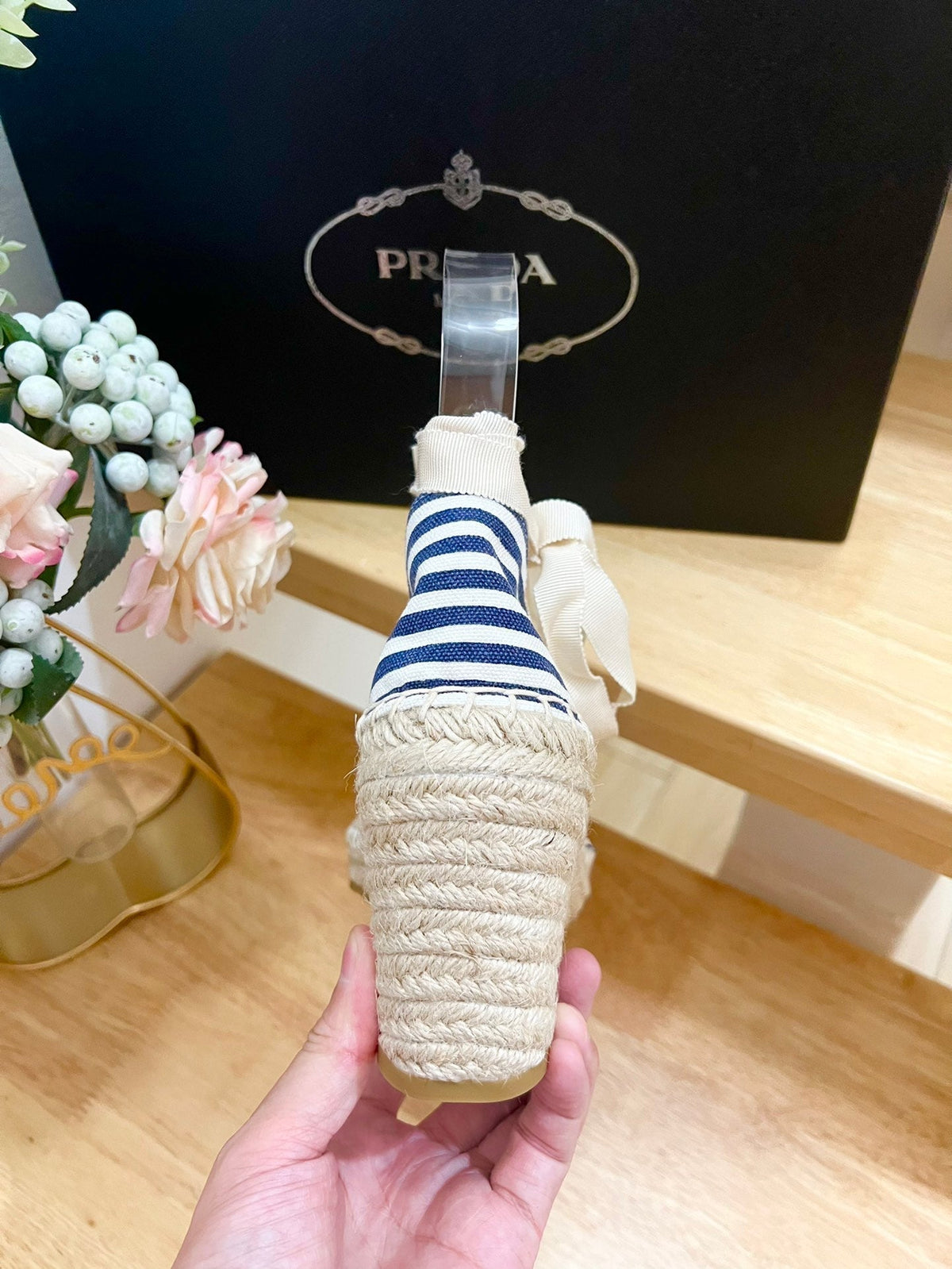 PRADA STRIPE ESPADRILLE WEDGE SANL NAVY FABRIC