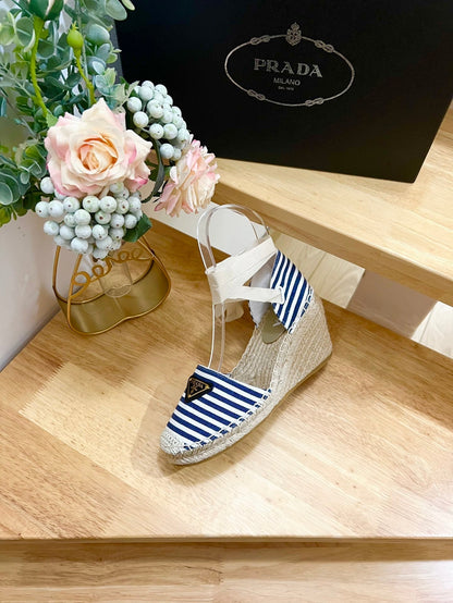 PRADA STRIPE ESPADRILLE WEDGE SANL NAVY FABRIC