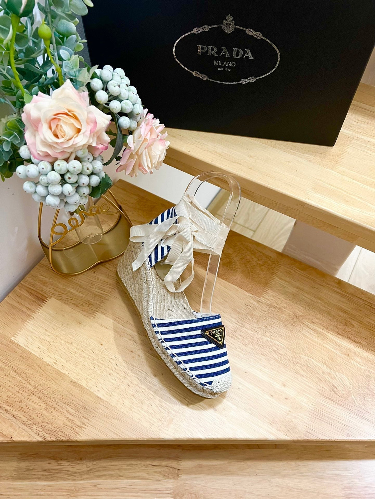 PRADA STRIPE ESPADRILLE WEDGE SANL NAVY FABRIC