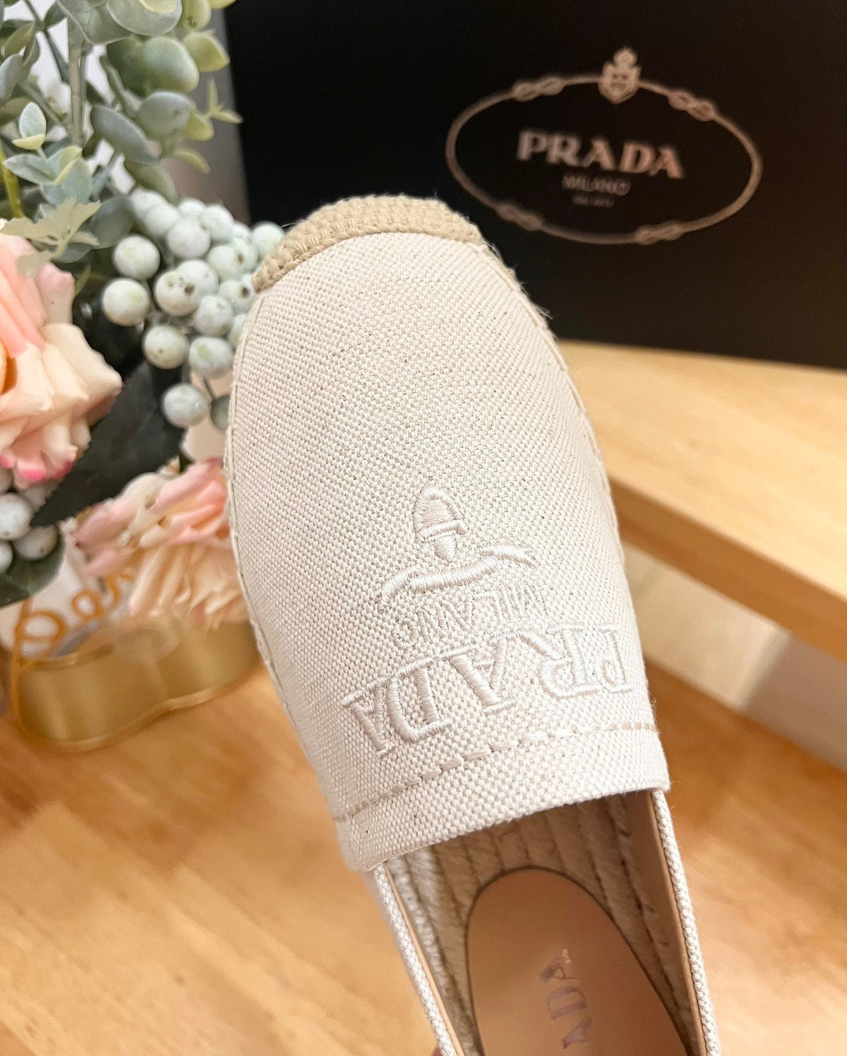 PRADA pra espadrilles beige canvas