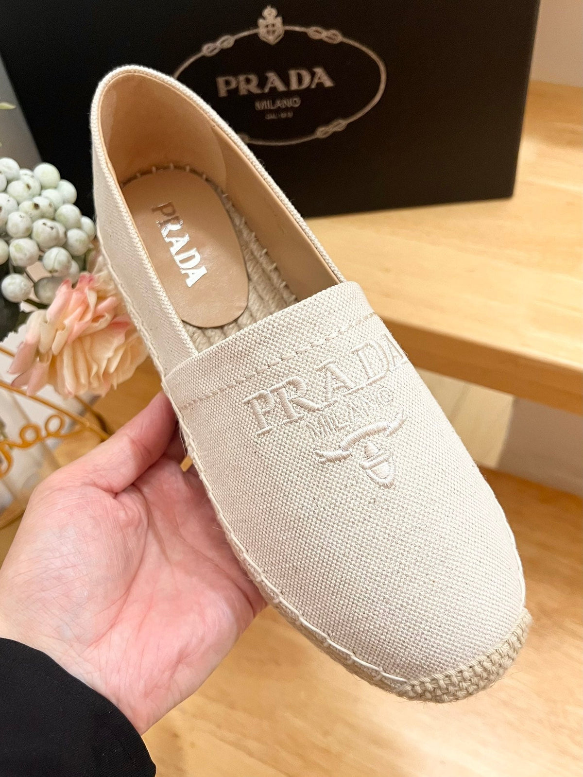 PRADA pra espadrilles beige canvas