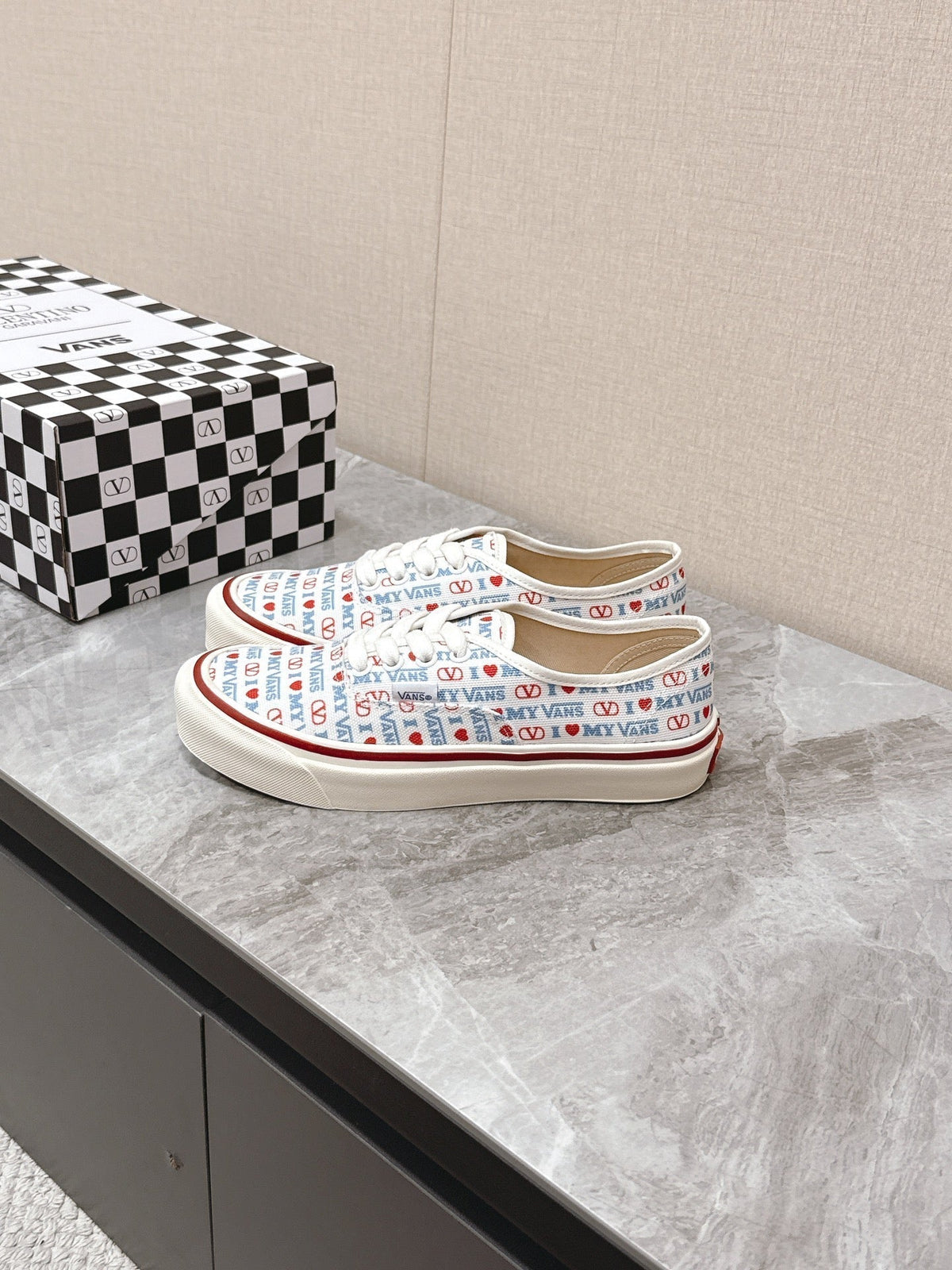 VALENTINO 25S GARAVANI X VANS SNEAKERS IN WHITE MIX BLUE CANVAS