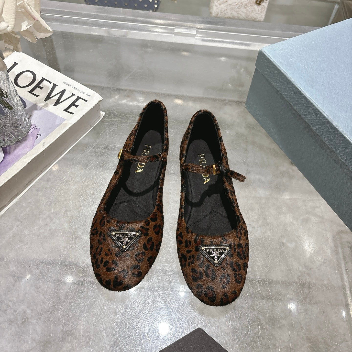 PRADA 25S MARY JANE BALLETS IN BLACK MIX BROWN HORSEHAIR FABRIC