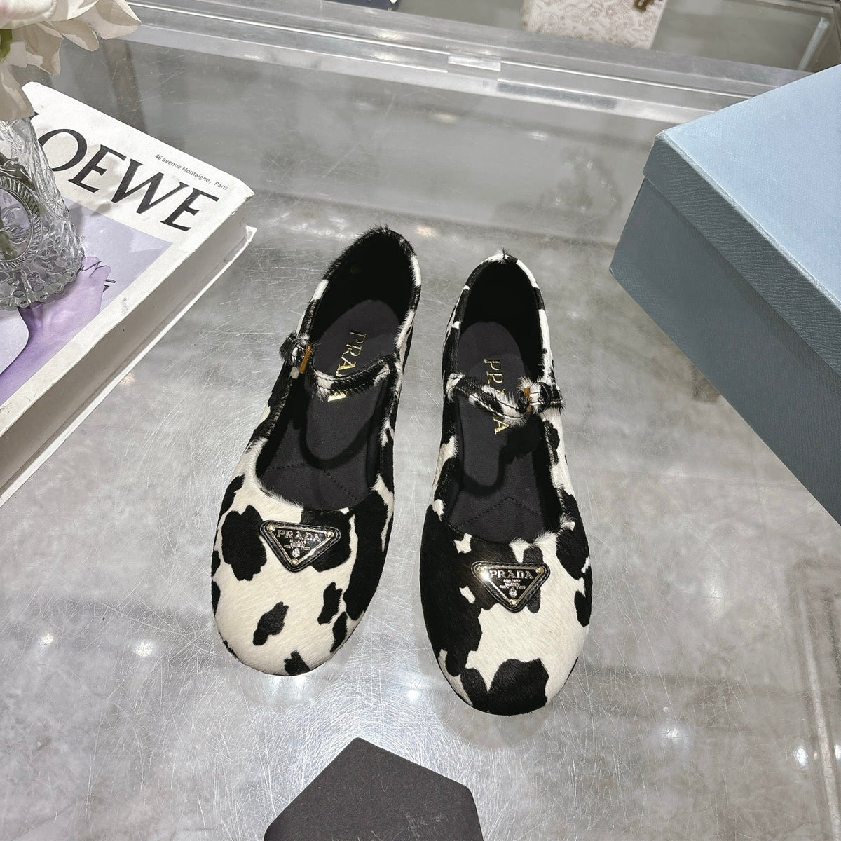 PRADA 25S MARY JANE BALLETS IN BLACK MIX CREAM WHITE HORSEHAIR FABRIC