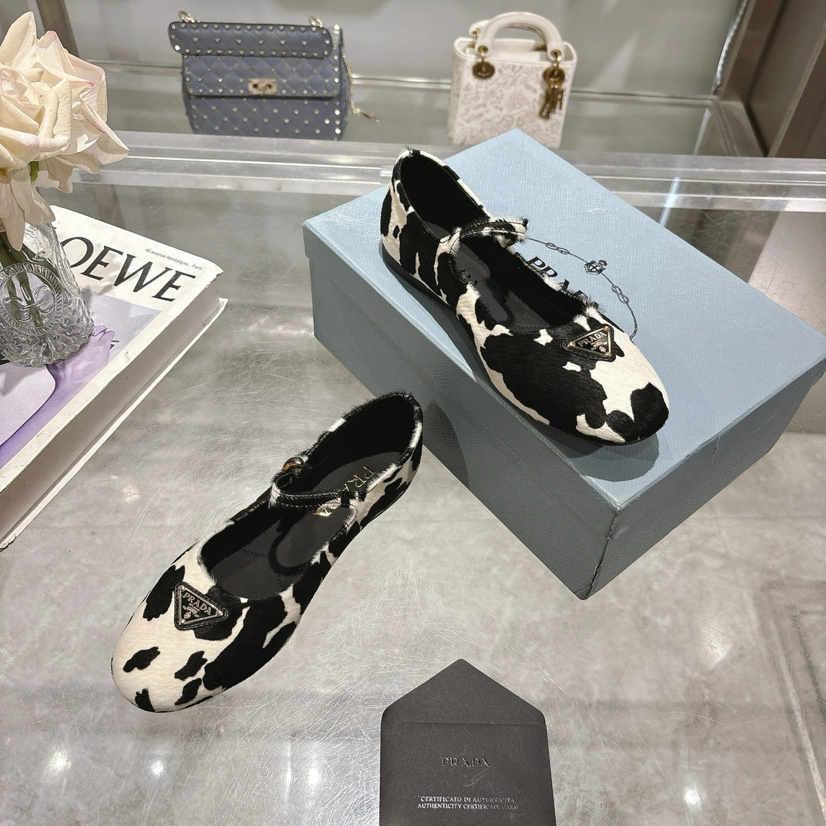 PRADA 25S MARY JANE BALLETS IN BLACK MIX CREAM WHITE HORSEHAIR FABRIC