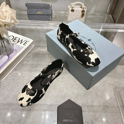PRADA 25S MARY JANE BALLETS IN BLACK MIX CREAM WHITE HORSEHAIR FABRIC