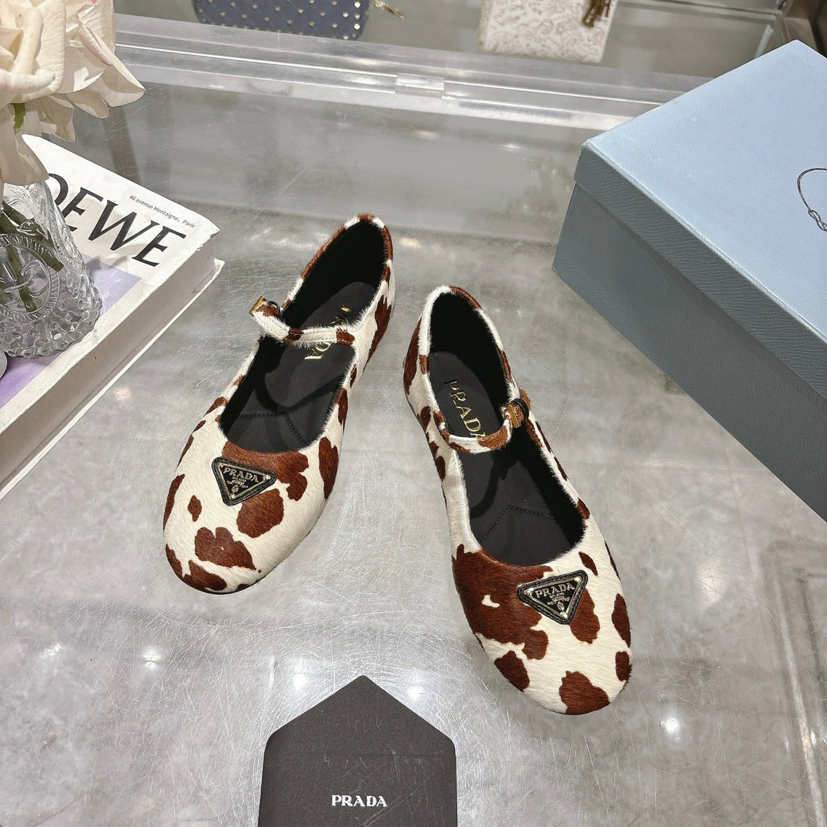PRADA 25S MARY JANE BALLETS IN BROWN MIX CREAM WHITE HORSEHAIR FABRIC