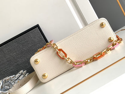 LOUIS VUITTON CAPUCINES BB 27 IN PEARL WHITE TAURILLON GOLD HARDWARE