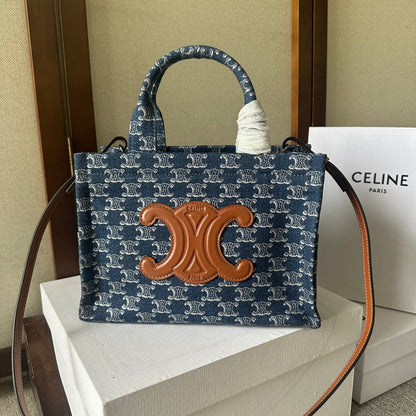 CELINE SMALL CABAS THAIS 25 IN BAYOUX BLUE TRIOMPHE DENIM AND BRONZE BROWN CALFSKIN