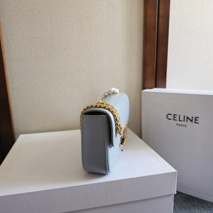 CELINE CHAIN EMBOSSED ARMPIT BAG 20 IN COOL GRAY BLUE CALFSKIN