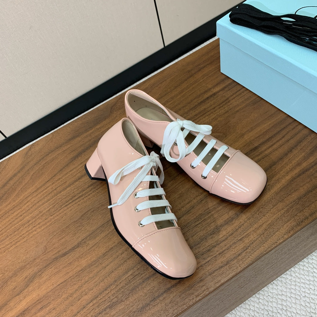 PRADA LACE-UP HIGH SHOES IN PALE PINK GLOSSY CALFSKIN