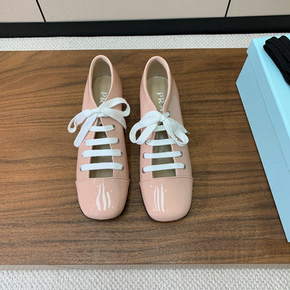 PRADA LACE-UP HIGH SHOES IN PALE PINK GLOSSY CALFSKIN