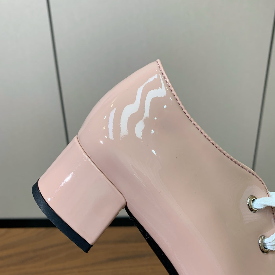 PRADA LACE-UP HIGH SHOES IN PALE PINK GLOSSY CALFSKIN