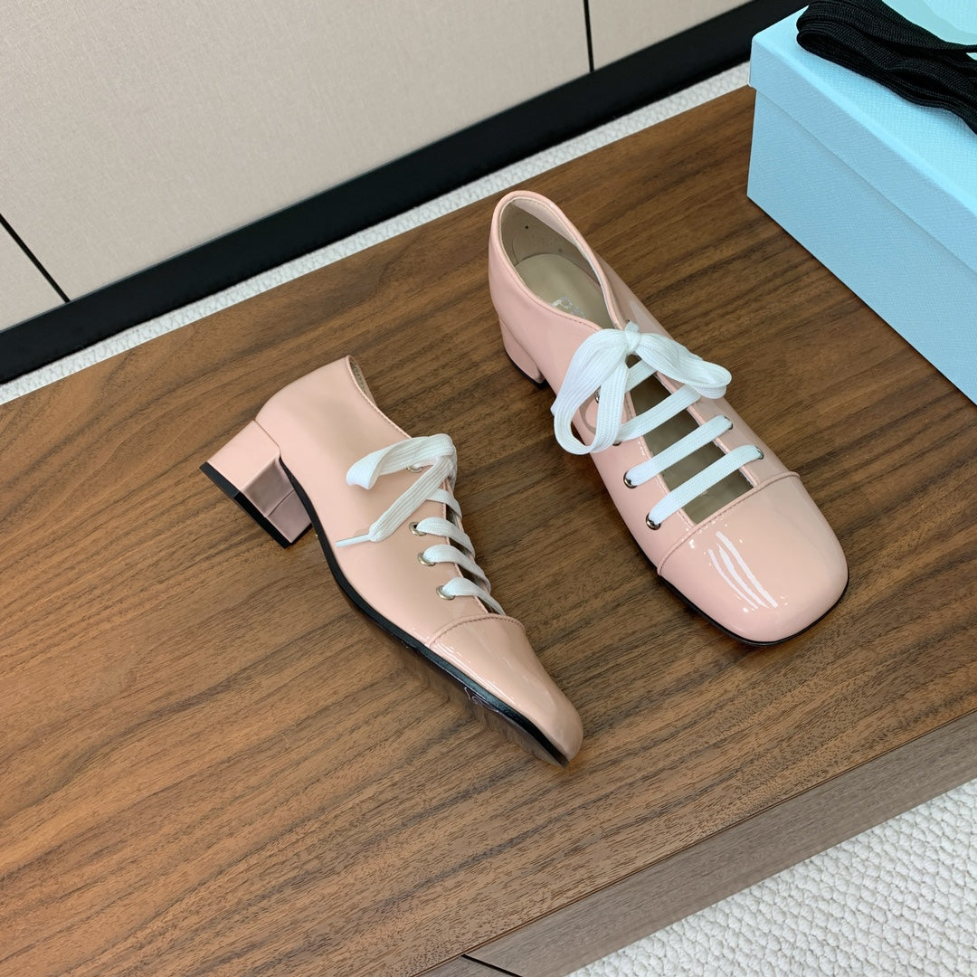 PRADA LACE-UP HIGH SHOES IN PALE PINK GLOSSY CALFSKIN