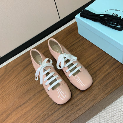 PRADA LACE-UP HIGH SHOES IN PALE PINK GLOSSY CALFSKIN