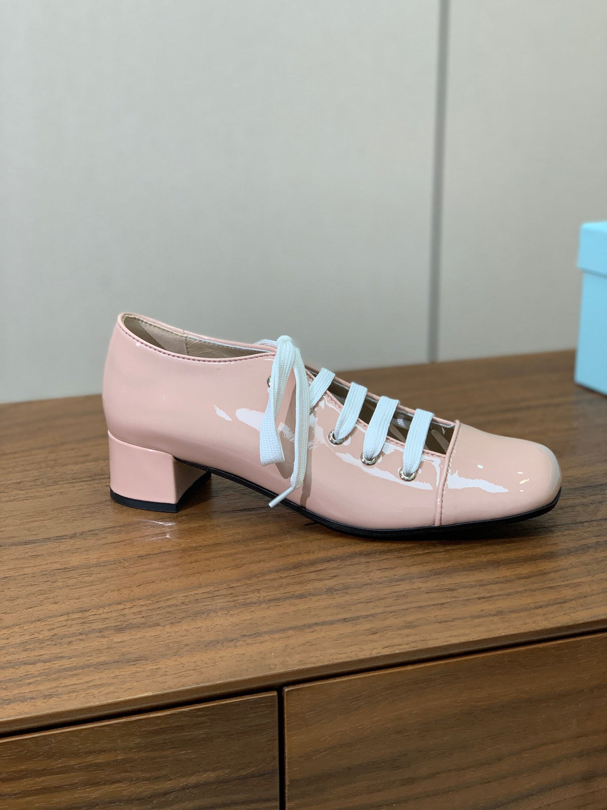 PRADA LACE-UP HIGH SHOES IN PALE PINK GLOSSY CALFSKIN