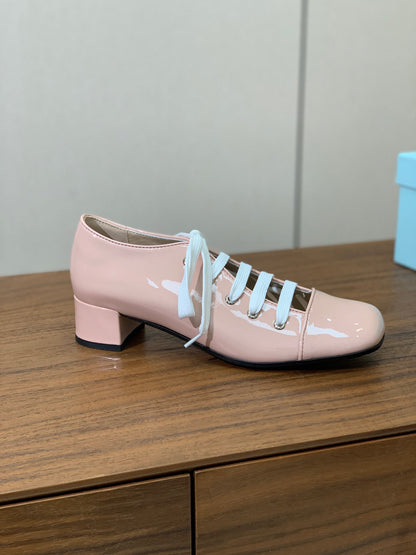 PRADA LACE-UP HIGH SHOES IN PALE PINK GLOSSY CALFSKIN