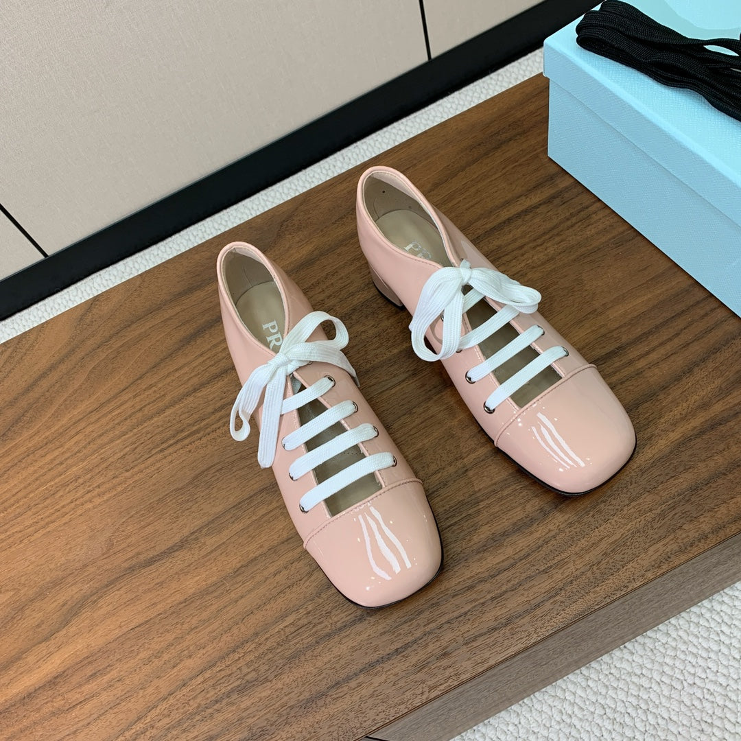 PRADA LACE-UP HIGH SHOES IN PALE PINK GLOSSY CALFSKIN