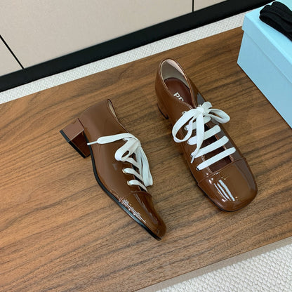 PRADA LACE-UP HIGH SHOES IN PECAN BROWN GLOSSY CALFSKIN