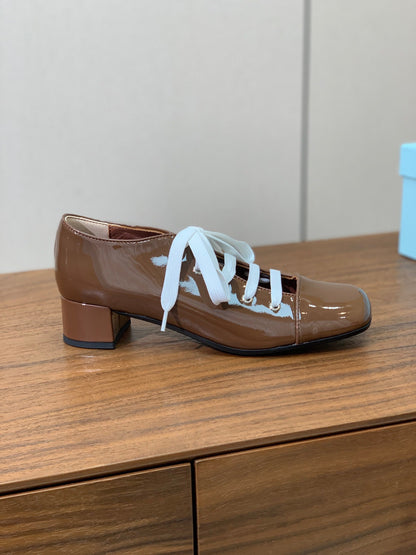PRADA LACE-UP HIGH SHOES IN PECAN BROWN GLOSSY CALFSKIN