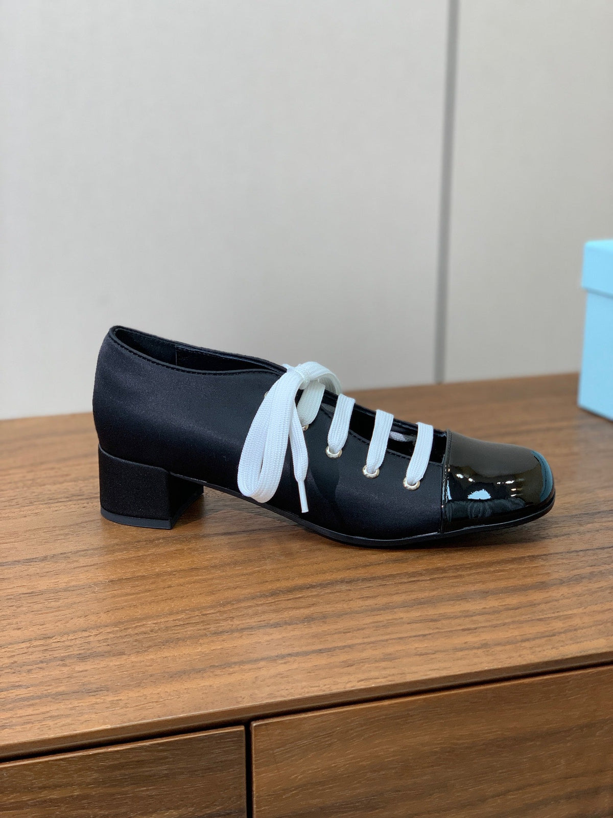 PRADA LACE-UP HIGH SHOES IN BLACK SILK MIX GLOSSY CALFSKIN