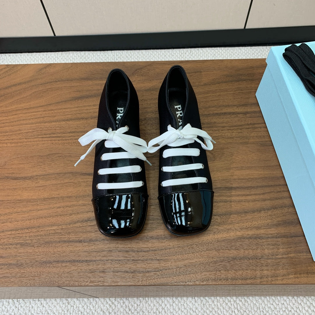 PRADA LACE-UP HIGH SHOES IN BLACK SILK MIX GLOSSY CALFSKIN