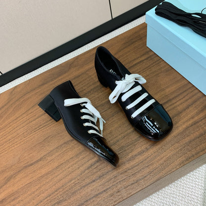 PRADA LACE-UP HIGH SHOES IN BLACK SILK MIX GLOSSY CALFSKIN