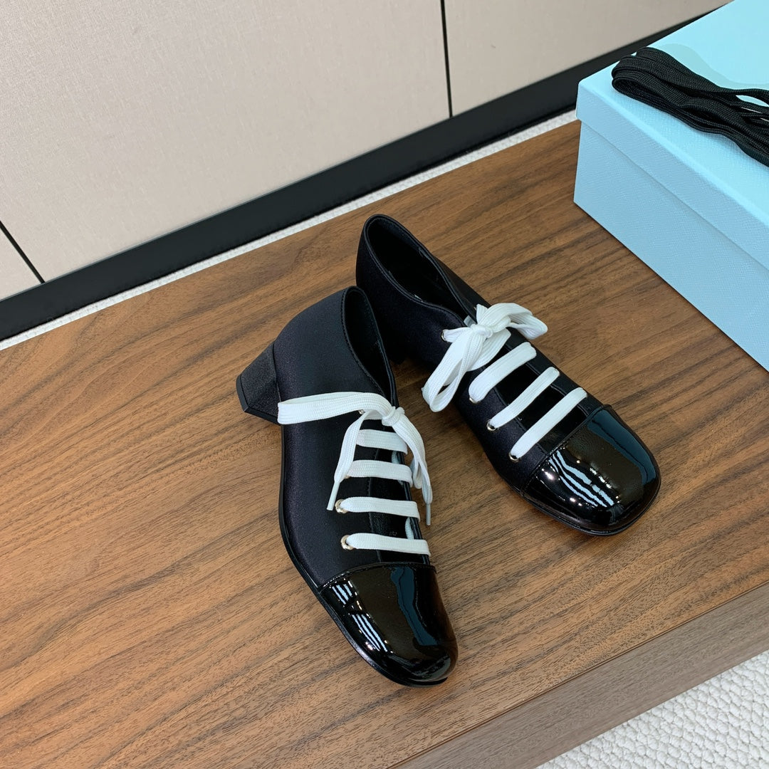 PRADA LACE-UP HIGH SHOES IN BLACK SILK MIX GLOSSY CALFSKIN