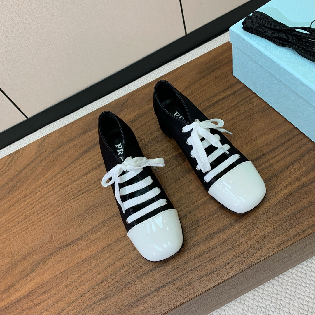PRADA LACE-UP HIGH SHOES IN BLACK SILK MIX WHITE GLOSSY CALFSKIN