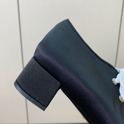 PRADA LACE-UP HIGH SHOES IN BLACK SILK MIX WHITE GLOSSY CALFSKIN