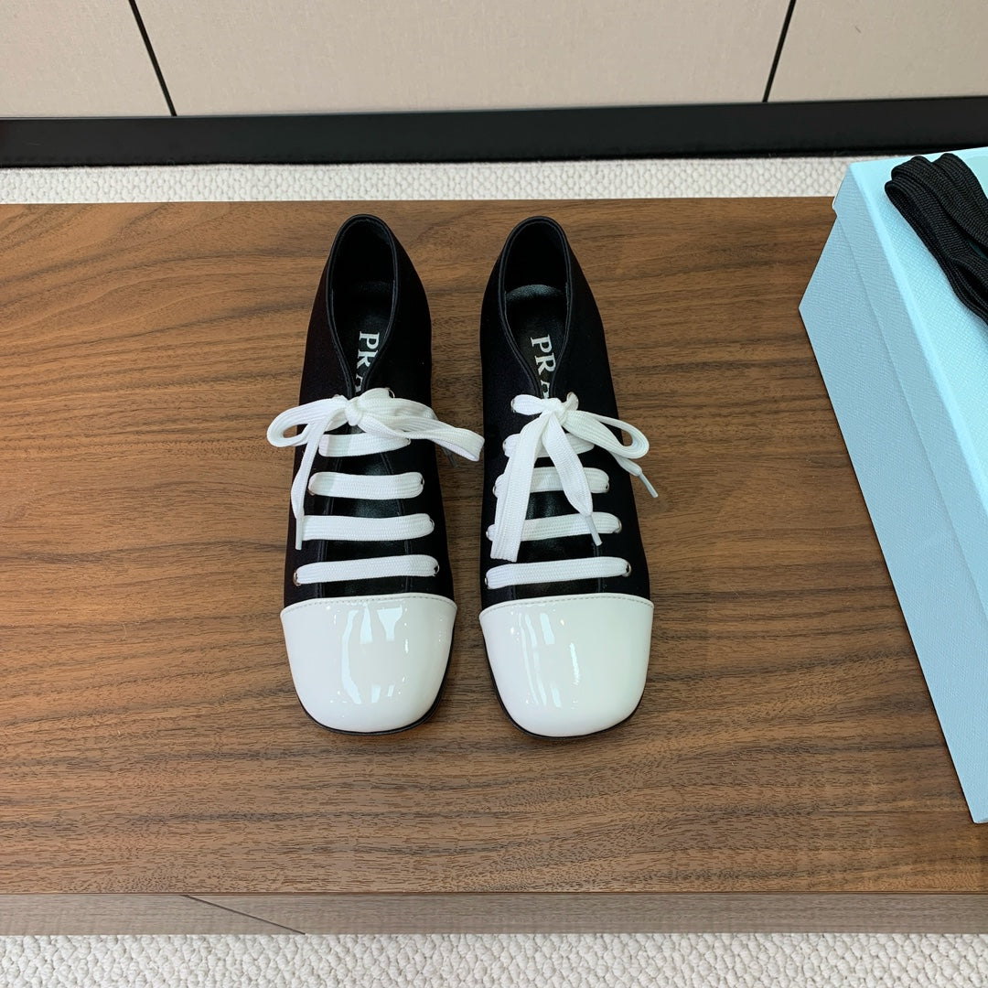 PRADA LACE-UP HIGH SHOES IN BLACK SILK MIX WHITE GLOSSY CALFSKIN