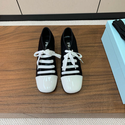PRADA LACE-UP HIGH SHOES IN BLACK SILK MIX WHITE GLOSSY CALFSKIN
