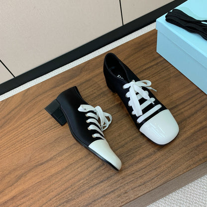 PRADA LACE-UP HIGH SHOES IN BLACK SILK MIX WHITE GLOSSY CALFSKIN
