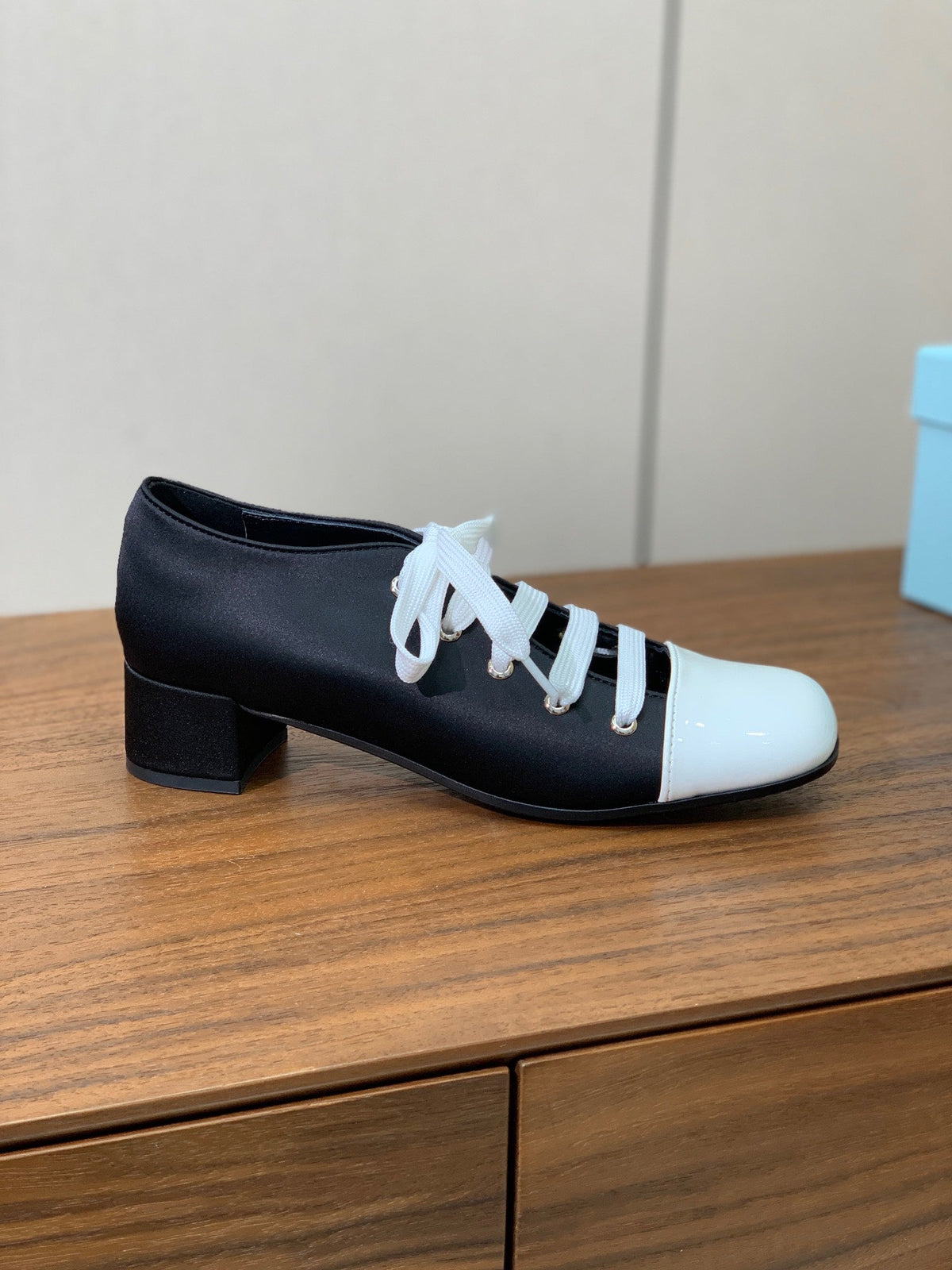 PRADA LACE-UP HIGH SHOES IN BLACK SILK MIX WHITE GLOSSY CALFSKIN