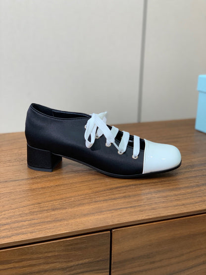 PRADA LACE-UP HIGH SHOES IN BLACK SILK MIX WHITE GLOSSY CALFSKIN