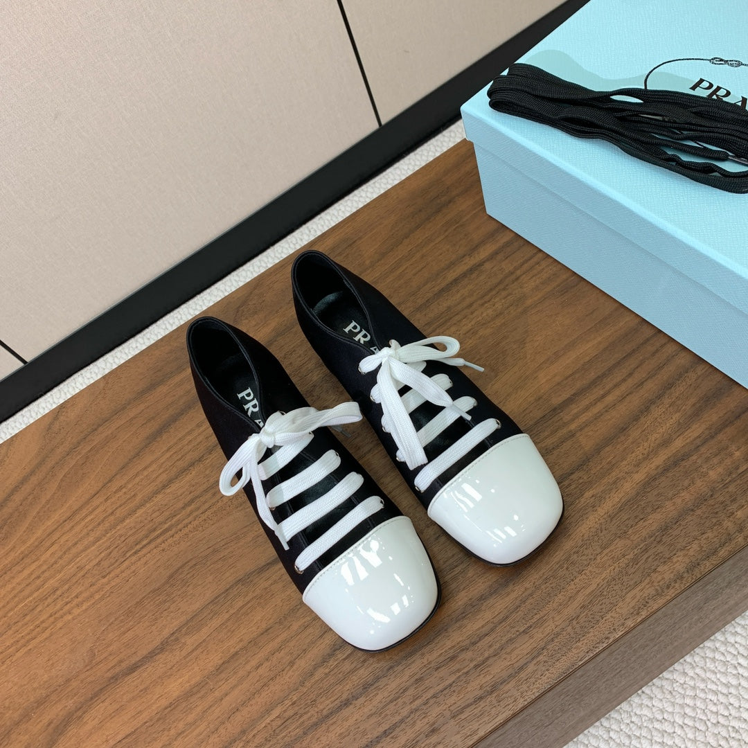 PRADA LACE-UP HIGH SHOES IN BLACK SILK MIX WHITE GLOSSY CALFSKIN