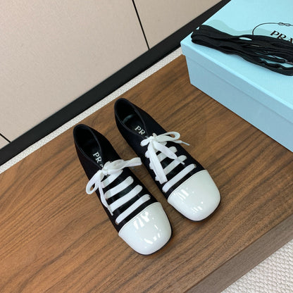 PRADA LACE-UP HIGH SHOES IN BLACK SILK MIX WHITE GLOSSY CALFSKIN