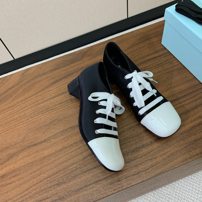 PRADA LACE-UP HIGH SHOES IN BLACK SILK MIX WHITE GLOSSY CALFSKIN