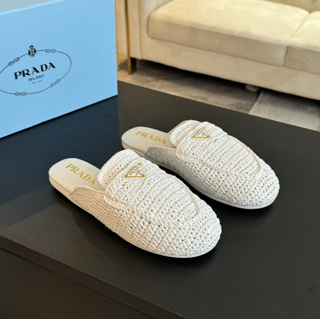 PRADA CROCHET SPECIAL MULES WHITE LAMBSKIN
