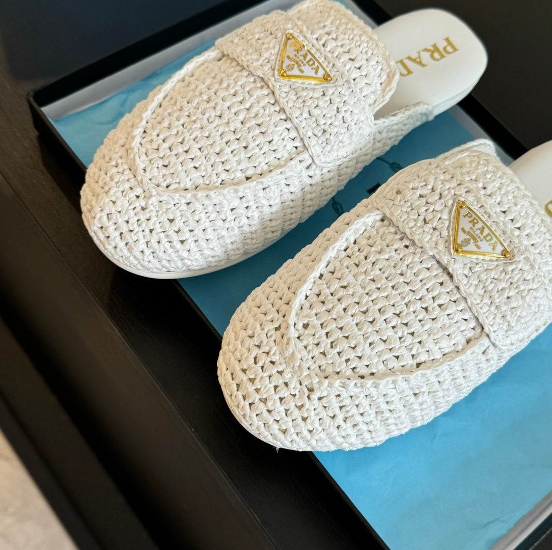 PRADA CROCHET SPECIAL MULES WHITE LAMBSKIN