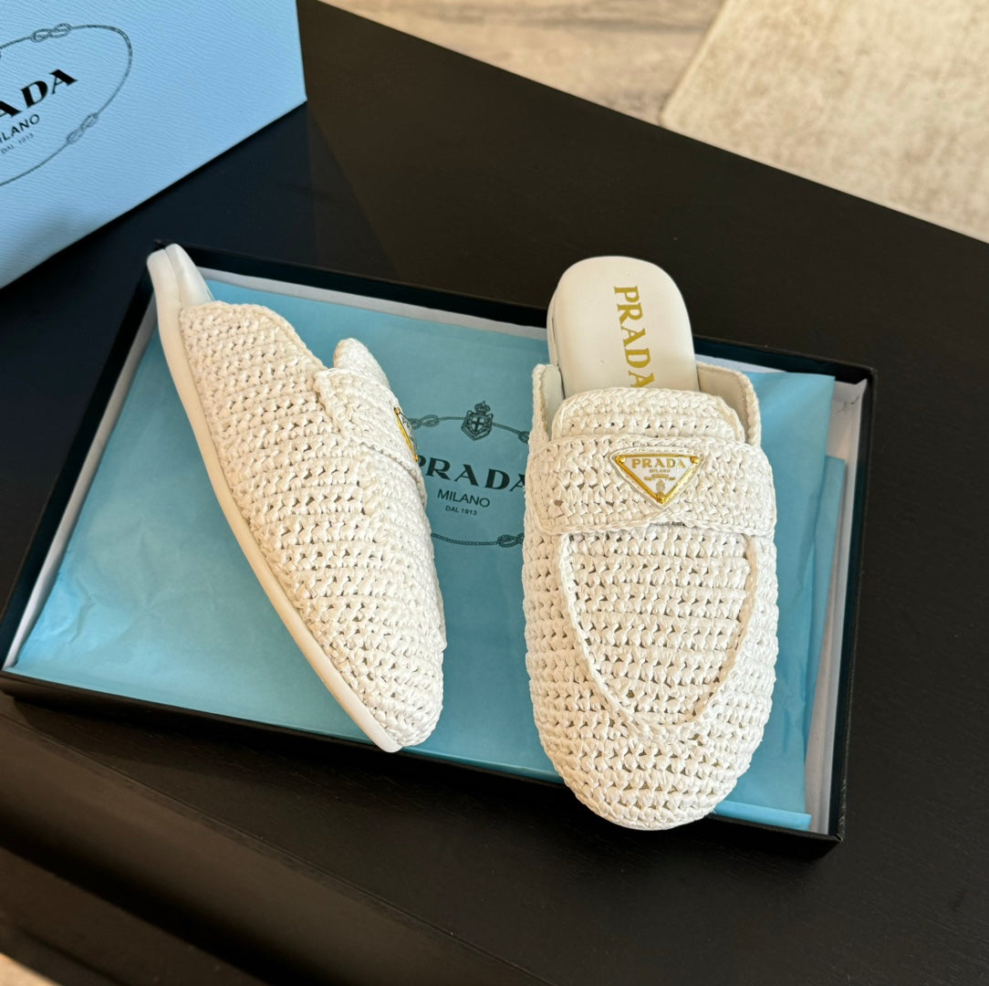 PRADA CROCHET SPECIAL MULES WHITE LAMBSKIN