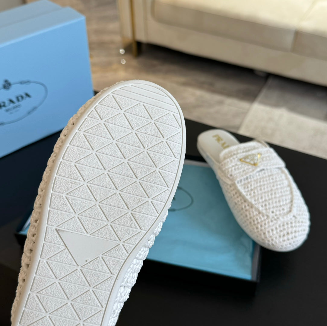 PRADA CROCHET SPECIAL MULES WHITE LAMBSKIN