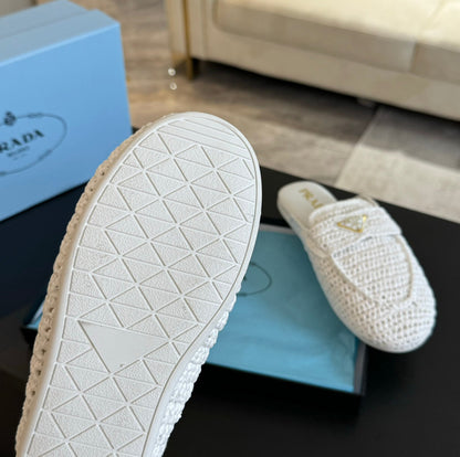 PRADA CROCHET SPECIAL MULES WHITE LAMBSKIN