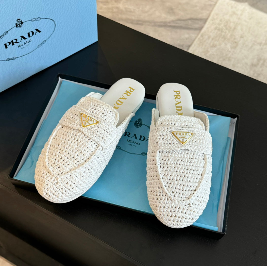 PRADA CROCHET SPECIAL MULES WHITE LAMBSKIN